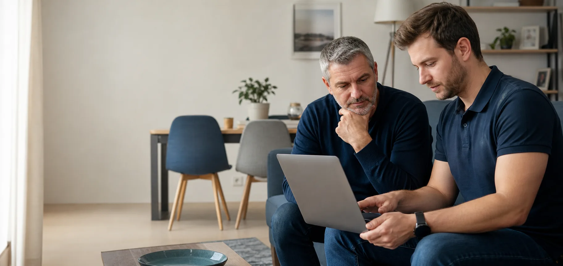 Technicien accompagnant un client devant un ordinateur portable à domicile