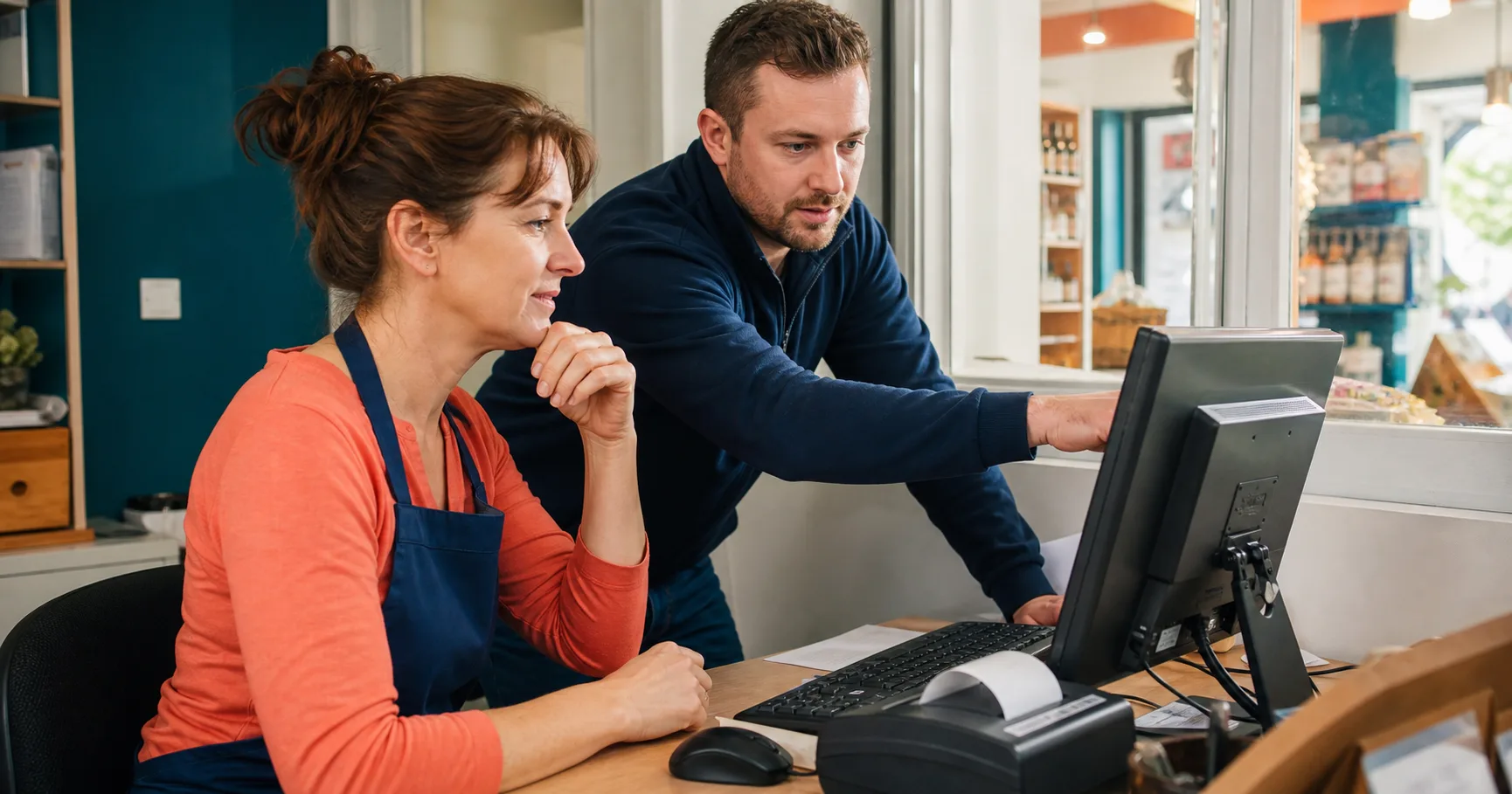 Technicien assistant une commerçante sur son poste informatique